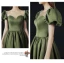 Vintage / Retro Olive Green Prom Dresses 2021 A-Line / Princess Short Sleeve Scoop Neck Crossed Straps Beading Pearl Ruffle Satin Floor-Length / Long Formal Dresses