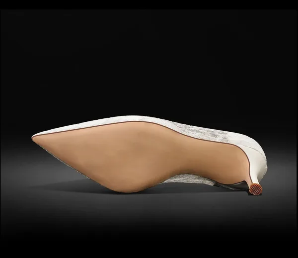 Elegante Witte Kant Bloem Bruidsschoenen 2024 Leer 6 cm Naaldhakken / Stiletto Spitse Neus Huwelijk Pumps Hoge Hakken