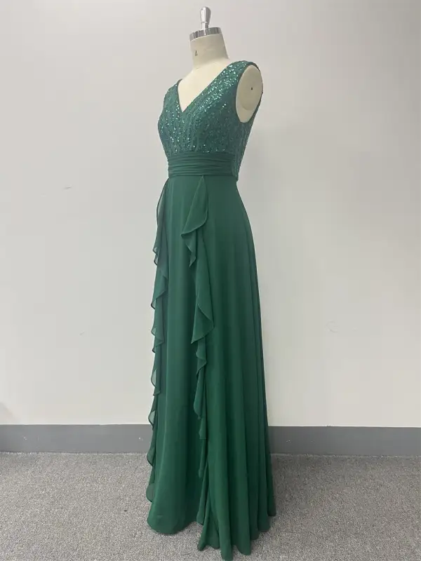 Modest Simple Dark Green Sequins Chiffon Prom Dresses 2024 A-Line Princess V-Neck Long