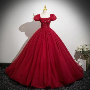 Fée Des Fleurs Bordeaux Appliques Robe De Bal 2025 Robe Boule Encolure Carrée Gonflée Manches Courtes Dos Nu Longue Robe De Ceremonie