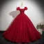 Flower Fairy Burgundy Appliques Prom Dresses 2025 Ball Gown Square Neckline Puffy Short Sleeve Backless Floor-Length / Long Formal Dresses