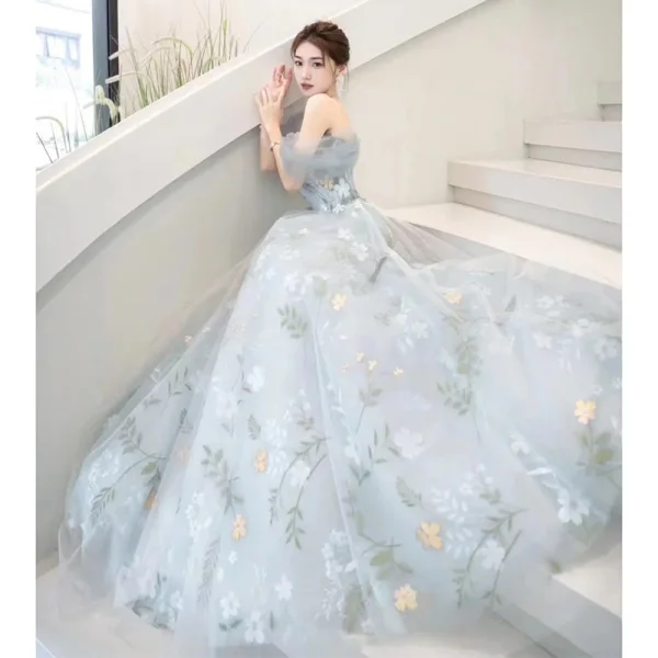Flower Fairy Sky Blue Appliques Prom Dresses 2023 A-Line / Princess Off-The-Shoulder Short Sleeve Backless Floor-Length / Long Prom Formal Dresses