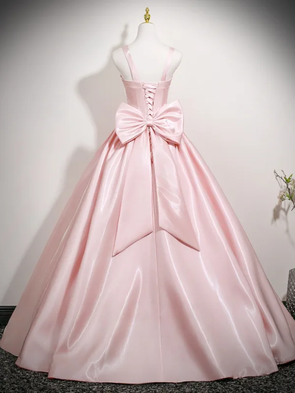 Schön Rosa Satin Ballkleider 2025 Ballkleid Eckiger Ausschnitt Ärmellos Rückenfreies Schleife Lange Festliche Kleider