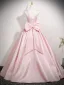 Schön Rosa Satin Ballkleider 2025 Ballkleid Eckiger Ausschnitt Ärmellos Rückenfreies Schleife Lange Festliche Kleider