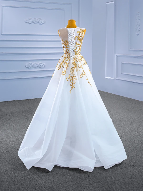 High-end White Pearl Sequins Asymmetrical Wedding Dresses 2022 A-Line / Princess Scoop Neck Sleeveless Wedding