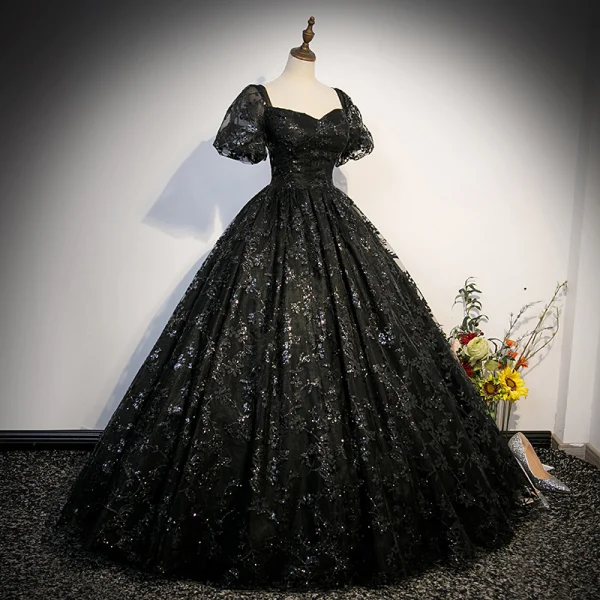 Chic / Belle Noire Perlage Paillettes Robe De Bal 2023 Robe Boule Encolure Carrée Manches Courtes Dos Nu Longue Promo Robe De Ceremonie