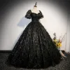 Chic / Beautiful Black Beading Sequins Prom Dresses 2023 Ball Gown Square Neckline Short Sleeve Backless Floor-Length / Long Prom Formal Dresses