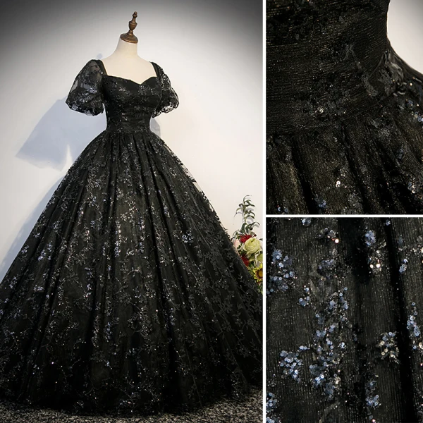 Chic / Belle Noire Perlage Paillettes Robe De Bal 2023 Robe Boule Encolure Carrée Manches Courtes Dos Nu Longue Promo Robe De Ceremonie