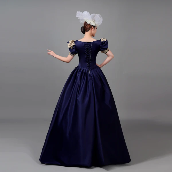 Medieval Vintage / Retro Navy Blue Beading Lace Flower Sequins Prom Dresses 2022 Ball Gown U-Neck Puffy Short Sleeve Floor-Length / Long Formal Dresses