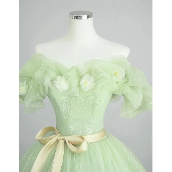 Elegant Sage Green Sequins Appliques Prom Dresses 2023 Ball Gown Off-The-Shoulder Sleeveless Backless Bow Sash Floor-Length / Long Formal Dresses
