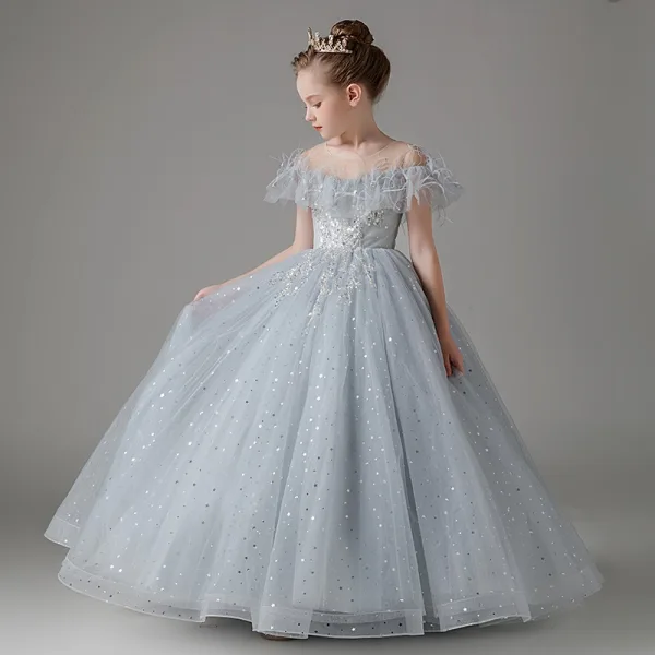 Chic / Beautiful Grey Sequins Tassel Birthday Flower Girl Dresses 2024 Ball Gown Scoop Neck Short Sleeve Backless Floor-Length / Long