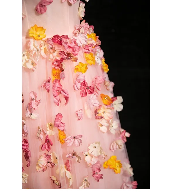 Flower Fairy Blushing Pink Appliques Prom Dresses 2024 A-Line / Princess Spaghetti Straps Sleeveless Backless Floor-Length / Long Prom Formal Dresses
