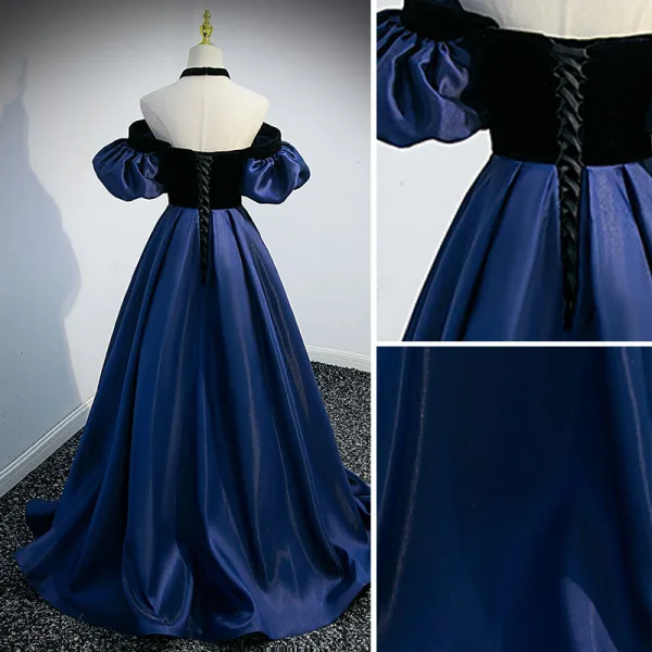 Elegant Navy Blue Suede Prom Dresses 2022 A-Line / Princess Off-The-Shoulder Puffy Short Sleeve Backless Sweep Train Formal Dresses