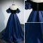 Elegant Navy Blue Suede Prom Dresses 2022 A-Line / Princess Off-The-Shoulder Puffy Short Sleeve Backless Sweep Train Formal Dresses