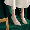 Vintage / Retro Ivory Pearl Satin Floral Wedding Shoes 2022 8 cm Stiletto Heels Pointed Toe Wedding Pumps High Heels
