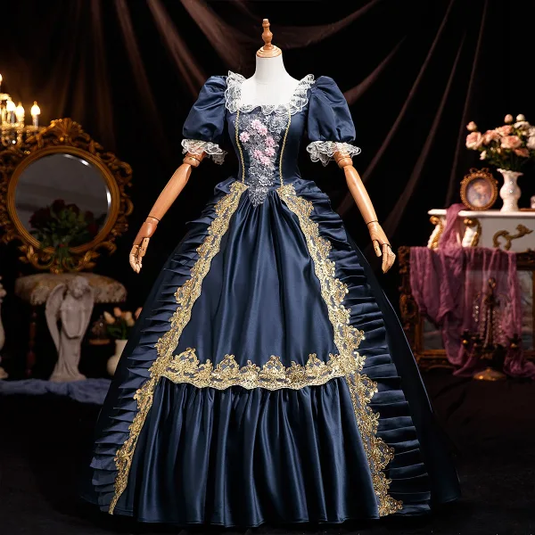 Vintage / Retro Medieval Navy Blue Lace Flower Rhinestone Sequins Prom Dresses 2026 Ball Gown Square Neckline Short Sleeve Floor-Length / Long Prom Formal Dresses