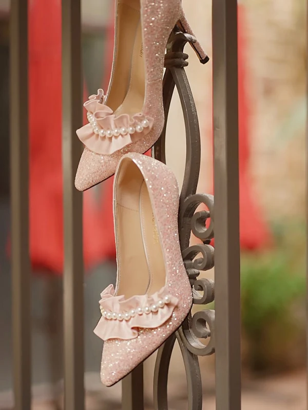 Charmant Perle Pailletten Leder Pink Brautschuhe 2024 10 cm Stilettos Spitzschuh Hochzeit Pumps Hochhackige