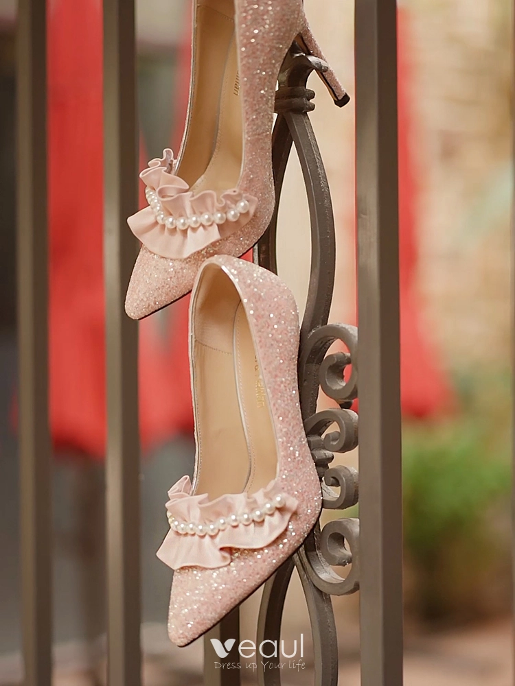 Charming Pearl Sequins Leather Candy Pink Wedding Shoes 2024 10 cm Stiletto  Heels Pointed Toe Wedding Pumps High Heels
