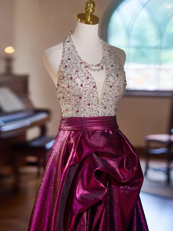 Fashion Fuchsia Beading Rhinestone Sequins Satin Prom Dresses 2024 A-Line / Princess V-Neck Sleeveless Backless Floor-Length / Long Prom Formal Dresses