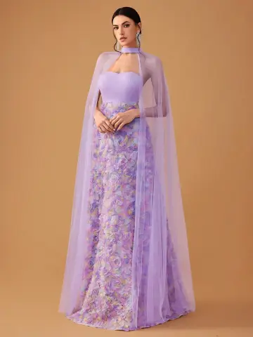 Charmant Lavande Multi Couleurs Appliques Robe De Bal Avec Cape 2025 Princesse Bustier Sans Manches Dos Nu Longue Promo Robe De Ceremonie