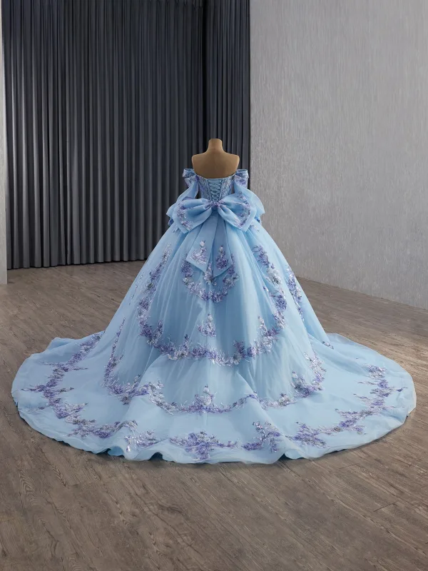 Luxury / Gorgeous Sky Blue Handmade  Beading Lace Flower Sequins Prom Dresses 2025 Ball Gown Off-The-Shoulder Short Sleeve Backless Bow Court Train