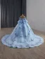 Luxury / Gorgeous Sky Blue Handmade  Beading Lace Flower Sequins Prom Dresses 2025 Ball Gown Off-The-Shoulder Short Sleeve Backless Bow Court Train