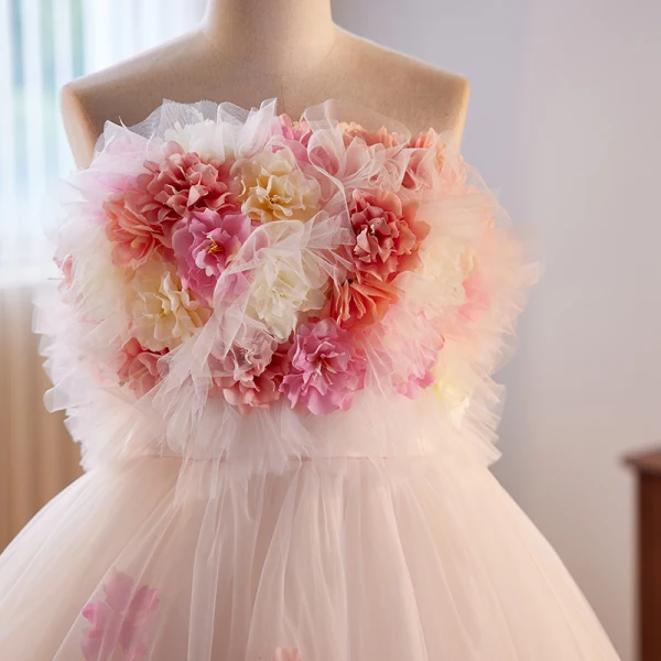Blumenfee Rosa Applikationen Ballkleider 2023 Ballkleid Bandeau Ärmellos Rückenfreies Hof-Schleppe Ball Festliche Kleider