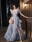 Fashion Sky Blue Printing Prom Dresses 2024 A-Line / Princess Square Neckline Short Sleeve Backless Floor-Length / Long Prom Formal Dresses