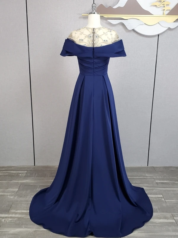 Vintage / Retro Navy Blue Beading Sequins Rhinestone Prom Dresses 2024 A-Line / Princess Scoop Neck Short Sleeve Sweep Train Prom Formal Dresses
