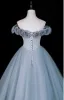 Elegante Himmelblau Applikationen Lange Ballkleider 2026 Ballkleid Off Shoulder Kurze Ärmel Rückenfreies Festliche Kleider