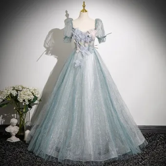 Chic Belle Bleu Ciel Perlage Appliques Robe De Bal 2025 Robe Boule Encolure Carrée Manches Courtes Dos Nu Longue Robe De Ceremonie