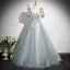 Chic / Beautiful Sky Blue Beading Appliques Prom Dresses 2025 Ball Gown Square Neckline Short Sleeve Backless Floor-Length / Long Formal Dresses