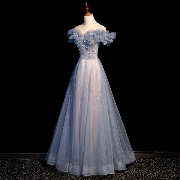 Chic / Beautiful Sky Blue Beading Pearl Sequins Prom Dresses 2022 A-Line / Princess Off-The-Shoulder Short Sleeve Backless Floor-Length / Long Prom Formal Dresses