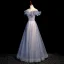 Chic / Beautiful Sky Blue Beading Pearl Sequins Prom Dresses 2022 A-Line / Princess Off-The-Shoulder Short Sleeve Backless Floor-Length / Long Prom Formal Dresses