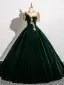 Elegant Dark Green Beading Lace Flower Velvet Prom Dresses 2025 Ball Gown Scoop Neck Short Sleeve Backless Floor-Length / Long Prom Formal Dresses