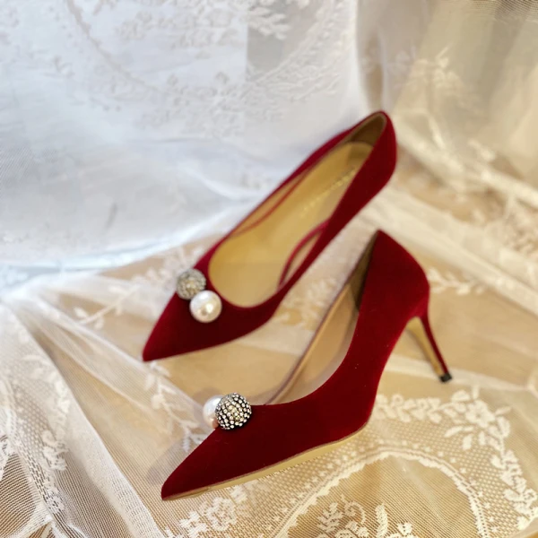 Chic / Beautiful Burgundy Suede Wedding Shoes 2022 10 cm Stiletto Heels Leather Pearl Rhinestone Pointed Toe Wedding Pumps High Heels
