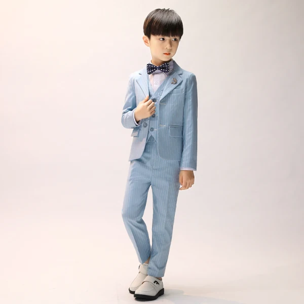 Sky Blue Stripe Long Sleeve Boys Wedding Suits 2022 Body Jewellery Coat Pants Shirt Tie Vest Wedding