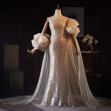 Luxe Glitter Champagne Pailletten Avondjurken 2026 Trompet Zeemeermin Strapless Gezwollen Korte Mouwen Ruglooze Sweep Trein Gelegenheid Jurken