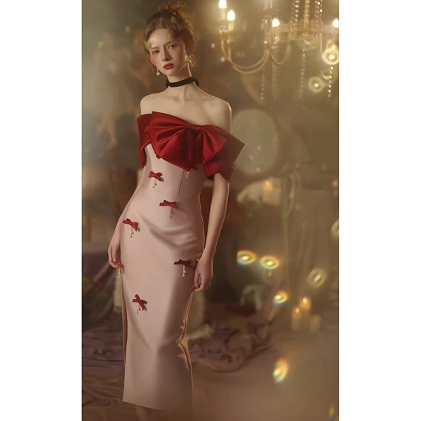 Sexy Rosa Gespaltete Front Abendkleider 2023 Meerjungfrau Off Shoulder Schleife Kurze Ärmel Rückenfreies Wadenlang Festliche Kleider