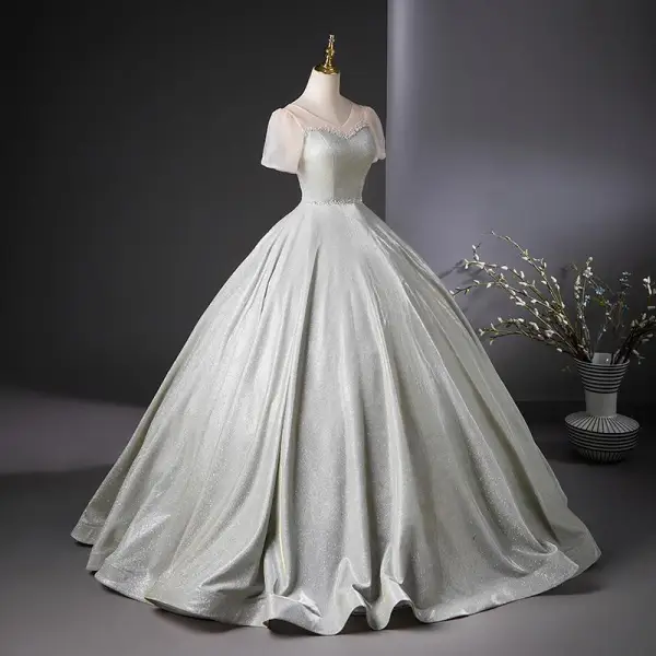 Chic / Beautiful Silver Glitter Prom Dresses 2024 Ball Gown V-Neck Short Sleeve Backless Floor-Length / Long Prom Formal Dresses