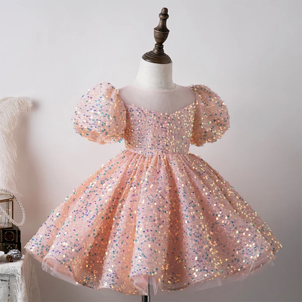 Sparkly Pool Blue Sequins Prom Flower Girl Dresses 2022 Ball Gown Scoop Neck Short Sleeve Short Flower Girl Dresses