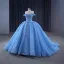 Haut de Gamme Bleu Perlage Paillettes Appliques Robe De Bal 2024 Robe Boule Bustier Sans Manches Dos Nu Train De Balayage Promo Robe De Ceremonie