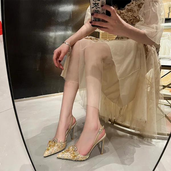 Charming Beige Lace Rhinestone Evening Party Womens Sandals 2024 Leather 10 cm Stiletto Heels Pointed Toe High Heels