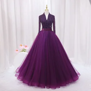 Vintage Purple Beading Paljetter Ballkjoler 2024 Ballkjole Høy Hals Langermede Ryggløse Lange Ball Formelle Kjoler