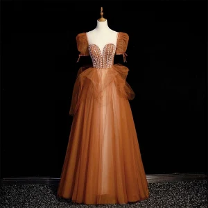 Elegant Tan Beading Pearl Prom Dresses 2022 A Line Princess Scoop Neck Puffy Short Sleeve Backless Floor Length Long Formal Dresses