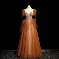 Elegante Tan Perlenstickerei Perle Ballkleider 2022 A Linie Rundhalsausschnitt Geschwollenes Kurze Ärmel Rückenfreies Lange Festliche Kleider