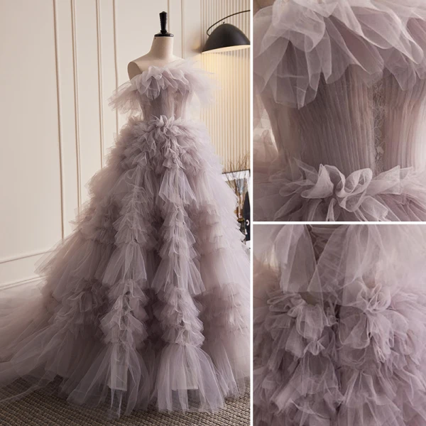 Charmant Lavendel Fallende Rüsche Abendkleider 2023 Ballkleid Bandeau Ärmellos Rückenfreies Sweep / Pinsel Zug Abend Festliche Kleider