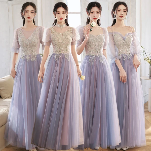 Elegant Purple Lace Flower Bridesmaid Dresses 2022 A-Line / Princess Beading Pearl Sequins Short Sleeve Backless Floor-Length / Long Bridesmaid Wedding Party Dresses