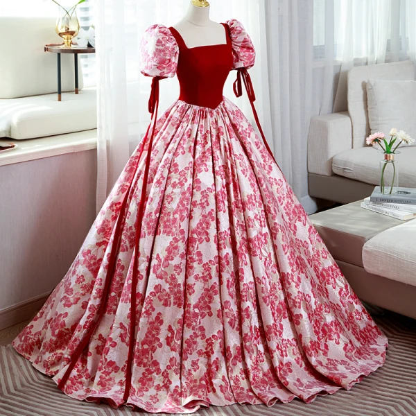 Elegant Red Printing Prom Dresses 2022 Square Neckline Puffy Short Sleeve Backless Floor-Length / Long Prom Formal Dresses