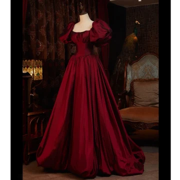 Elegant Burgundy Prom Dresses 2024 Ball Gown Square Neckline Puffy Short Sleeve Backless Bow Floor Length Long Prom Formal Dresses
